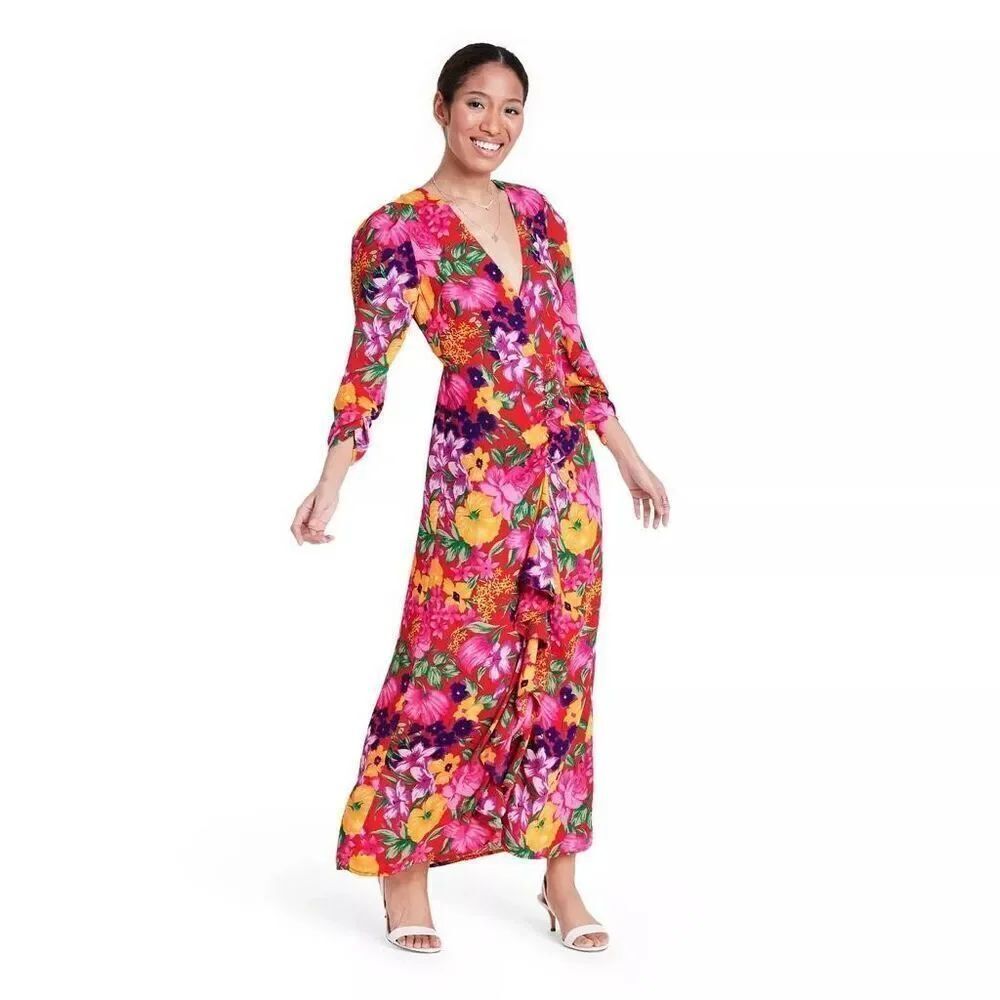 Rixo Collab Floral Open Back Cascade Ruffle Dress in Pink Size 10